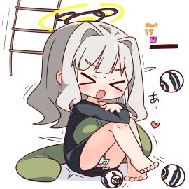 :o >_< ? barefoot black_shirt blue_archive blunt_bangs blush closed_eyes commentary_request female full_body grey_hair halo hana_kazari hare_(blue_archive) highres knees_up ladder long_hair long_sleeves open_mouth panties shirt simple_background sitting solo underwear white_background white_panties yellow_halo