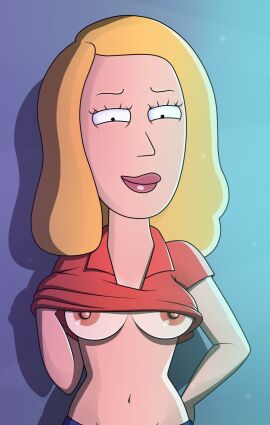 accurate_art_style badbrains beth_smith blonde_female blonde_hair clothed cougar cougar_milf female looking_at_viewer mature_female milf nipples rick_and_morty solo tan teasing teasing_viewer