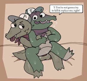2023 alligator alligatorid anal anal_sex anthro anthro_on_anthro anthro_penetrated anthro_penetrating anthro_penetrating_anthro balls bodily_fluids chair_position clothing crocodilian digital_media_(artwork) english_text from_behind_position genitals green_body hankerchief hat headgear headwear hi_res later_alligator male male/male male_only male_penetrated male_penetrating male_penetrating_male mostly_nude nervous nervous_sweat pat_(later_alligator) pawplants penetration penis pillowfight reptile scalie selfcest sex smallbu square_crossover stomach_bulge sweat text