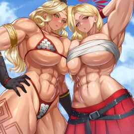 2024 2d 2girls abs absurdres akemi_(blue_archive) amazon_(dragon's_crown) amazonian armlet armor armpits bare_shoulders biceps bikini bikini_armor blonde-haired_female blonde_hair blue_archive blue_eyes breast_press breasts breasts_pressed_together circlet cowboy_shot crossover digital_media_(artwork) dragon's_crown female full_color full_hd gloves green_eyes halo hatch24601 highres jewelry large_breasts larger_female light-skinned_female light_skin lipstick long_hair long_sleeves looking_at_viewer mature_female milf mole mole_under_eye multiple_females multiple_girls muscular muscular_female one_arm_up presenting_armpit red_gloves red_halo red_skirt sarashi seven_prisoners_(blue_archive) six_pack stomach tattoo thick_thighs thighs video_game_character video_games