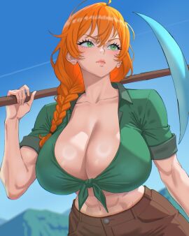 1girls abs alex_(minecraft) big_breasts braid braided_hair breast_focus breasts brown_pants cleavage female female_only front-tie_top green_eyes green_shirt hair holding_weapon huge_breasts large_breasts lips minecraft orange_hair pants pickaxe shirt solo solo_female toomywoomy upper_body weapon