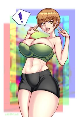 1girls alternate_costume alternate_version_available ass big_breasts bike_shorts breasts brown_eyes brown_hair chie_satonaka female female_only huge_breasts karfound large_breasts megami_tensei persona persona_4 satonaka_chie solo thick_ass tube_top tubetop