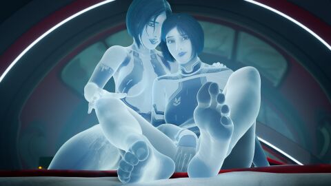 2girls 3d ai_character alternate_version_at_source alternate_version_available barefoot blender blender_(software) blue_body blue_hair blue_skin bob_cut bottomless cortana eye_contact feet feet_focus female foot_fetish glowing halo_(series) high_resolution highres joyeuse looking_at_viewer no_source pov smile smiling_at_viewer soles the_weapon_(halo_infinite) toes video_game_character video_games zmsfm