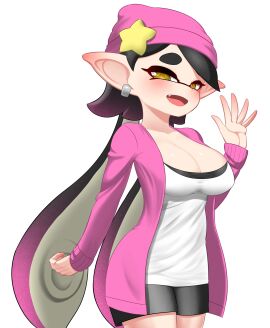 1girls beanie blush breasts callie_(agent_1_casual) callie_(splatoon) cleavage earrings female large_breasts looking_at_viewer nintendo nobunagapero open_mouth pink_beanie shirt short_hair simple_background splatoon splatoon_(series) splatoon_2 splatoon_2:_octo_canyon white_background white_shirt yellow_eyes