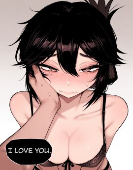 1boy 1girls blush boy breasts cheek cleavage cupping_cheek cute embarrassed english english_text female grey_background heat i_love_you lingerie looking_at_viewer male open_clothing original original_art original_artwork original_character shy simple_background straight sweat whinyzza wholesome
