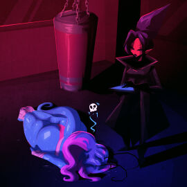 arms_at_sides ass big_ass big_butt blue_body blue_skin boxing boxing_gloves face_down female high_resolution highres huge_ass huge_butt long-haired_female long_hair lying lying_down lying_on_stomach mirabelle oc on_front on_stomach original_character riendonut sandbag sweat sweating tagme tail tired training