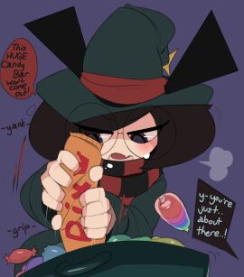 1boy 1girl box_(captainkirb) box_(character) candy_bar candy_wrapper captain_kirb cocksleeve female halloween handjob male original tagme text the_boxes_(captainkirb)