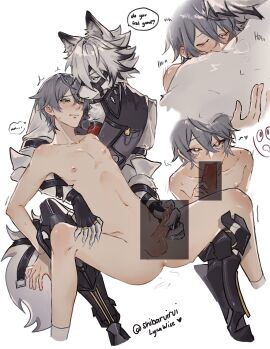 anthro canid canine canis clothing cum erect_penis erection fur gay handjob heart-shaped_pupils hug human male male_focus male_only nude nude_male oral oral_sex penis shibaruirui skinny skinny_male small_penis spread_legs sucking_penis tail von_lycaon white_body white_fur wise_(zenless_zone_zero) wolf yaoi zenless_zone_zero