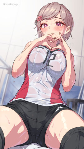 absurdres blush breast_press breasts brown_hair covered_erect_nipples embarrassed female hair_ornament heart heart_hands highres kanikatsuya mole mole_under_mouth original pink_eyes see-through_clothes short_hair shorts sitting solo sportswear sweat two-tone_shirt volleyball_uniform wet wet_clothes