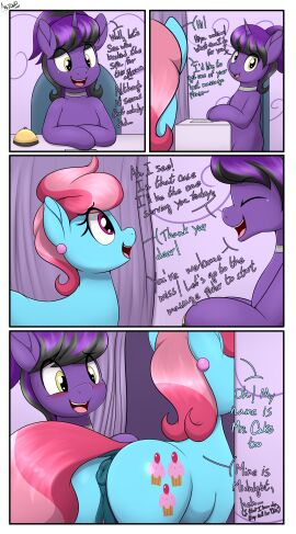 absurd_res an-tonio anus ass big_ass big_butt blue_body blush cup_cake_(mlp) dialogue duo ear_piercing english_text equid equine eyelashes fan_character female feral friendship_is_magic genitals hair hasbro hi_res horn mammal mature_female my_little_pony mythological_creature mythological_equine mythology piercing pink_hair pussy smile text unicorn