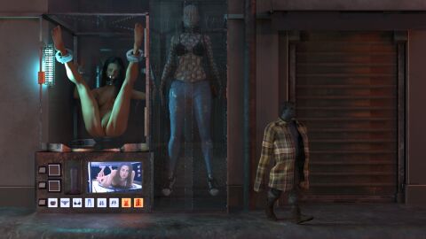 1boy 1girls 3d bondage completely_nude completely_nude_female female gag gagged height_difference male mannequin nude nude_female original public_nudity spicebound suspension_bondage