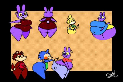 4girls able_sisters animal_crossing ass big_breasts breasts female glasses isabelle_(animal_crossing) massive_ass purple_fur tight_clothing