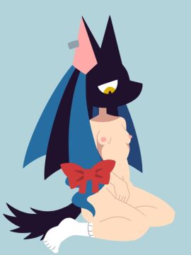 1girls americo_santisteban animal_mask animal_tail bis_(funamusea) black_hair blue_hair breasts completely_nude dog_mask dog_tail egyptian egyptian_female female female_only funamusea furry mask nipples nude nude_female red_bow sitting small_breasts solo solo_female streaked_hair tail thighs white_socks