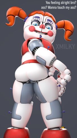 1girls 3d 3d_(artwork) accurate_model anus ass baby_(fnafsl) big_ass blue_eyes circus_baby circus_baby_(fnaf) circus_baby_(original) female five_nights_at_freddy's five_nights_at_freddy's:_sister_location high_resolution highres looking_at_viewer robot robot_girl robot_humanoid solo thick_thighs thighs twintails white_skin x3milky