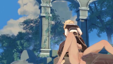 3d aether_(genshin_impact) big_penis black_hair blowjob breasts dark_skin dehya_(genshin_impact) female genshin_impact hoyoverse male mihoyo outdoors penis pussy