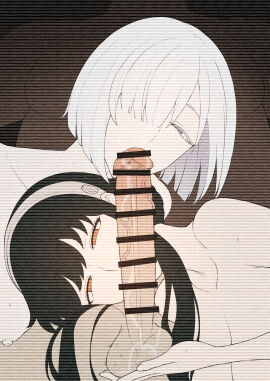 1boy 2girls absurdres balls bar_censor censored fellatio female fiona_frost highres male multiple_females multiple_girls netorare non-web_source oral source_request spy_x_family tagme terasu_mc testicles yor_briar