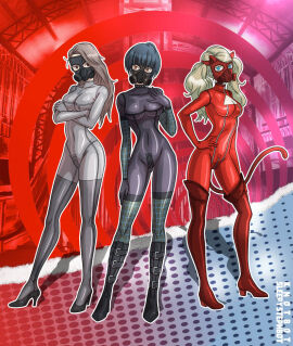 3_bodysuits 3girls ann_takamaki black_bodysuit black_hair blonde_hair blue_eyes bodysuit boots breasts brown_eyes choker crotch_zipper fake_tail female gas_mask grey_bodysuit grey_hair hand_on_hip high_heel_boots high_heels jpeg large_breasts long_hair looking_at_viewer persona persona_5 red_bodysuit red_boots red_eyes sae_niijima short_hair sleepystephbot tae_takemi tail thigh_boots thighhigh_boots twintails zipper zipper_pull_tab