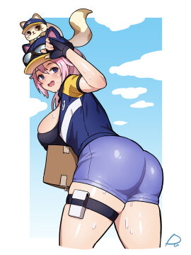 1animal 1girls 2d 2d_(artwork) blue_eyes box breasts breasts_out brown_eyes cat_hat clouds delivery_employee delivery_girl denim_shorts feline female fingerless_gloves gloves goggles goggles_on_head happy hat heavenly_ass holster jacket jacket_open long_hair package parcel pink_hair radjeong shorts sideboob smiling sole_female steam_delivery_girl sweat sweating sweaty_breasts sweaty_legs sweaty_thighs tail tape tomboy uniform unzipped_jacket valve whiskers wholesome