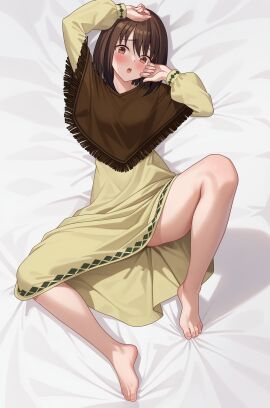 :o absurdres arms_up bare_legs barefoot bed bed_sheet blush breasts brown_hair commentary commission dress english_commentary feet female fire_emblem fire_emblem:_genealogy_of_the_holy_war frown hand_on_own_cheek hand_on_own_face highres knee_up legs looking_at_viewer lying medium_hair muirne_(fire_emblem) on_back on_bed open_mouth second-party_source shawl simple_background small_breasts solo spread_legs thighs vodka13