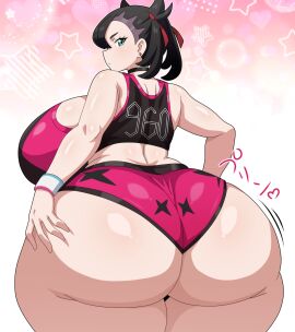 1girls alternate_breast_size ass big_ass big_breasts black_hair breasts earrings female female_only goth goth_girl green_eyes hitokiwa_kenchin huge_ass huge_breasts jersey looking_at_viewer looking_back marnie_(pokemon) massive_ass panties pokemon pokemon_ss punk_girl shiny_skin sports_bra twintails wobbling_ass wristband