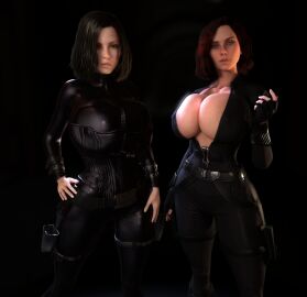 2girls 3d 3d_(artwork) alternate_breast_size areola_slip areolae areolae_slip black_bodysuit black_hair black_widow_(marvel) bodysuit breasts breasts_bigger_than_head clothed clothed_female crossover female female_only fingerless_gloves fully_clothed gigantic_breasts gloves green_eyes hand_on_hip hand_on_own_hip hourglass_figure huge_breasts human human_female kate_beckinsale looking_at_viewer marvel marvel_cinematic_universe marvel_comics multiple_females multiple_girls natasha_romanoff open_clothes red_hair scarlett_johansson selene_(underworld) skin_tight slim_waist small_waist thick_thighs thighs thin_waist tight_clothing top_heavy top_heavy_breasts underworld unzipped unzipped_bodysuit upper_body vaako vampire vampire_girl wasp_waist wide_hips