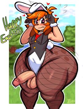 1boy ass big_ass big_butt bottom_heavy bunnysuit canid canine dog_boy easter femboy femboy_only genital_fluids genitals heart heart-shaped_pupils heart_eyes hearts hearts_around_head hyper hyper_ass inuki_zu inuzu male male_only orange_hair penis precum shy solo solo_focus solo_male thick thick_ass thick_butt tremble_spikes trembling_penis