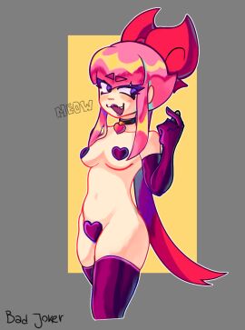 1girls bangs belly_button bow_ribbon brawl_stars brawler choker_charm female female_only latex latex_gloves lipgloss lipstick maebari melodie_(brawl_stars) nipples_covered oerba_yun_fang pink_hair short_hair skin smile supercell thighs