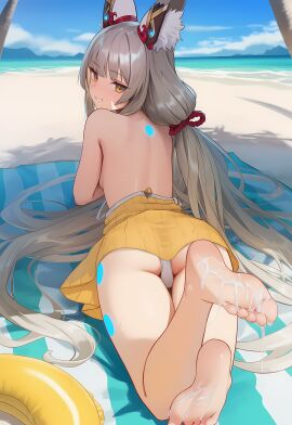 ai_generated animal_ear_fluff animal_ears ass back barefoot beach beach_towel bikini blunt_bangs blush breasts cat_ears cum cum_on_body cum_on_feet day facial_mark feet feet_up female foot_focus foreshortening from_behind grey_hair grin innertube long_hair looking_at_viewer looking_back lotion low_twintails lying nia nia_(blade) nia_(xenoblade) ocean on_stomach outdoors sky smile soles solo sunscreen swim_ring swimsuit thighs toenails toes tree twintails very_long_hair vysetf water xenoblade_(series) xenoblade_chronicles_2 yellow_eyes
