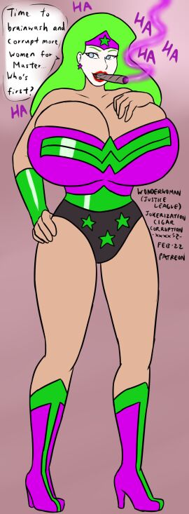 alternate_color_scheme alternate_hair_color betrayal bimbofication brainwashed brainwashing breasts cigar clownification corrupted corruption dc dc_comics dialogue enemy_conversion english_text evil_smile female femsub green_hair happy_trance huge_breasts hypnosis hypnotic_eyes hypnotic_gas hypnotic_smoke hypnotic_smoking hypnotized hypnotized_hypnotist jokerization long_hair male maledom memetic_control mind_break mind_control mindbreak pale_skin personality_change seductive_smile smile smoke smoking spiral_eyes super_hero symbol_in_eyes text wonder_woman xxxx52