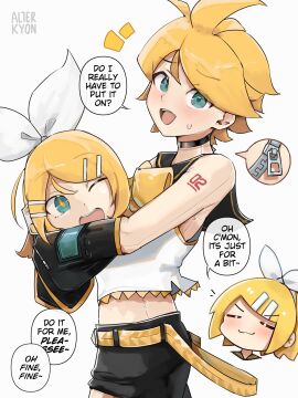 1boy ahoge alterkyon animegao bare_shoulders blonde_hair blue_eyes crop_top crop_top_overhang english_text female highres kagamine_len kagamine_rin kigurumi male male_focus mask midriff open_mouth otoko_no_ko sailor_collar shorts speech_bubble vocaloid zipper