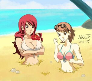 2girls atlus breasts female female_only hefess mitsuru_kirijo mitsuru_kirijo_(swimsuit) persona persona_3 quicksand swimsuit yukari_takeba yukari_takeba_(swimsuit)