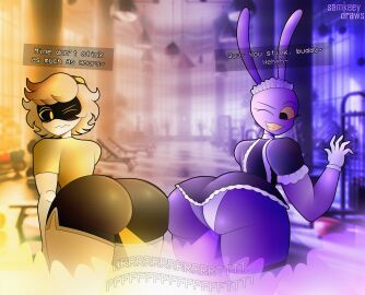 2boys ass big_ass big_butt black_eyes blush blush_lines bunny bunny_ears butt crossover fart fart_cloud fart_fetish farting fat_ass fat_butt femboy fully_clothed glitch_productions huge_ass huge_butt jax_(the_amazing_digital_circus) looking_back maid maid_headdress maid_jax_(the_amazing_digital_circus) maid_outfit maid_uniform male male_only murder_drones n_(murder_drones) one_eye_closed purple_fur rabbit robot samkvevo text text_box the_amazing_digital_circus thick_ass thick_butt white_hair yellow_eyes