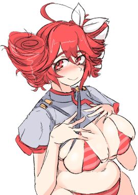 1girls 2d 2d_(artwork) ahoge alternate_version_available artist_request belly big_breasts bikini blush breasts chubby chubby_female cleavage crop_top cropped_jacket female female_only hair_ornament hairbow hands_on_breasts huge_breasts kasane_teto kasane_teto_(sv) large_breasts navel overflowing_breasts red_eyes red_hair skindentation solo solo_female striped_bikini synthesizer_v twin_drills utau white_background wide_hips