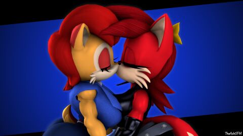 3d anthro anthro_on_anthro brown_fur canine female female/female female_only fiona_fox kissing red_fur sally_acorn sega sonic_(series) theashsfm yuri