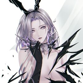 1girls angon623_(artist) behind_curtain bowtie breasts bunny_ears corruption curtains dreya_(path_to_nowhere) earrings female gloves hiding_breasts lipstick long_hair long_sleeves looking_at_viewer medallion no_bra nude path_to_nowhere purple_eyes ring spikes white_background white_eyes white_hair white_skin