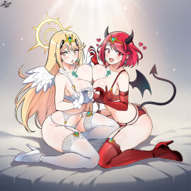 2girls angel angel_outfit angel_wings ass black_tail black_wings blonde blonde-haired_female blonde_female blonde_hair bra breast_press breasts busty cleavage core_crystal curvy demon demon_girl demon_horns demon_outfit demon_tail devil devil_girl devil_horns devil_tail female female_focus female_only gloves halo hand_heart heart heart_symbol high_heels highres holding_hands horns incest jarckius lace lace-trimmed_thighhighs lace_trim large_ass large_breasts lingerie long_hair looking_at_viewer midriff monolith_soft mouth_open multiple_females multiple_girls mythra navel nintendo on_knees open_mouth panties pyra red_bra red_eyes red_gloves red_hair red_heels red_outfit red_panties red_thighhighs revealing_clothes revealing_outfit short_hairtail smile smiling smiling_at_viewer tail thick_thighs thighhighs thighs tiara underwear voluptuous white_bra white_gloves white_heels white_outfit white_panties white_thighhighs white_wings wings xenoblade_(series) xenoblade_chronicles_2 yellow_eyes yuri