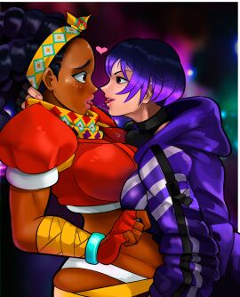 2girls after_kiss asian_female big_breasts breasts capcom crossover dark-skinned_female dark_skin female female_only heart heart_symbol interracial japanese_female kimberly_jackson kissing lipstick looking_at_another looking_at_partner namco pepperoni_ravioli reina_mishima saliva_trail street_fighter street_fighter_6 streetwear tekken tekken_8 tongue tongue_out yuri