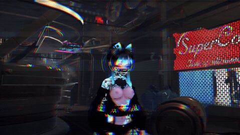 3d animated awonsfw black_eyes black_hair blue_eyes blue_hair breasts cat_ears cyberpunk female hoodie_only nails tattoo tattoos vrchat vrchat_avatar vrchat_media