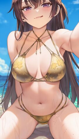 1girls ai-assisted belly brown_hair golden_bikini large_breasts long_hair looking_at_viewer suou_yuki tokidoki_bosotto_russian_de_dereru_tonari_no_alya-san voidbunny