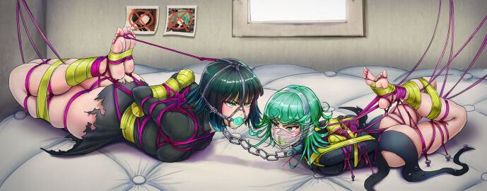 2girls angry ball_gag blush bondage feet female female_only fubuki_(one-punch_man) gag green_hair hogtied multiple_females multiple_girls one-punch_man rope_bondage tagme tatsumaki zerosmath