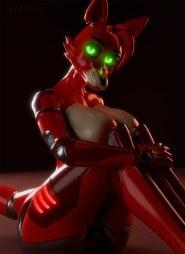 3d animatronic anthro canid canine digital_media_(artwork) female five_nights_at_freddy's fox foxy_(fnaf) foxy_(psychojohn2) glistening glistening_body glowing glowing_eyes glowing_markings green_eyes hi_res looking_at_viewer lordchica_(artist) machine mammal markings pose red_body robot rule_63 scottgames sitting sitting_on_ground solo synthetic