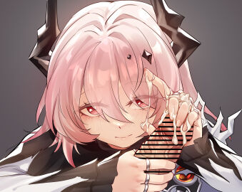 1boy absurdres arknights blush closed_mouth cum ejaculation eyes_visible_through_hair female frilled_sleeves frills grey_background hair_over_one_eye highres horns jewelry long_hair long_sleeves looking_at_viewer male multiple_rings penis pink_hair ray_(pixiv9514208) red_eyes ring simple_background smile solo_focus straight theresa_(arknights) upper_body veins veiny_penis