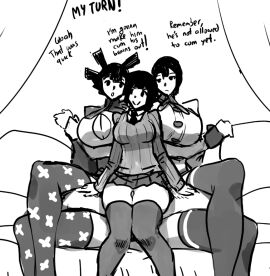 1boy 3girls bound breast_smother breasts cleavage_cutout clothed_female clothed_female_nude_male dialogue english_text erection female foursome jedyne_(mosbles) legs_crossed male mosbles nanako_(mosbles7) nude nude_male oc original original_character original_characters setena_(mosbles7) sketch thigh_sex thighhighs uncensored