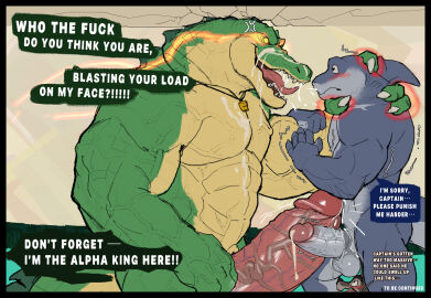 anthro asphyxiation balls big_balls big_muscles big_penis black_border blush bodily_fluids border bottomwear bottomwear_down canid canine canis clothed clothing comparing comparing_penis crocodile crocodilian cum cum_on_face dialogue dominant dominant_male dripping english_text epic_games fish fortnite genital_fluids genitals green_body green_scales group huge_cock interspecies league_of_legends male male/male mammal marine marius_tygo musclegut muscles muscular muscular_anthro muscular_male pants pants_down partially_clothed penis penis_size_difference precum precum_drip renekton reptile riot_games safety_first_steve_(fortnite) scales scalie shark submissive submissive_male tencent text thick_penis tongue tongue_out trio vein veiny_balls wolf