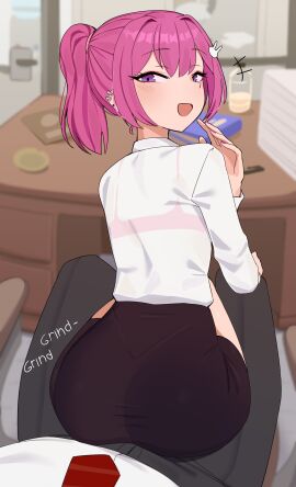 2d 2d_(artwork) ass bra desk dress_shirt earrings grinding grinding_through_clothes hairpin hi_res looking_at_viewer looking_back office office_chair office_lady office_skirt peps_art pink_hair pink_nails ponytail pov purple_eyes see-through_clothing see-through_shirt sitting_on_lap sitting_on_person skirt tie tight_clothing