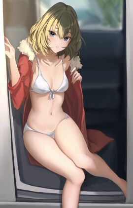 1girls absurd_res absurdres bare_belly bare_calves bare_chest bare_hands bare_hips bare_knees bare_legs bare_midriff bare_navel bare_shoulders bare_skin bare_soles bare_thighs barefoot belly belly_button bikini bikini_bottom bikini_only bikini_top blue-eyed_female blue_eyes blush blushing_female breasts cleavage collarbone dot_nose elbows eyebrows_visible_through_hair feet female female_focus female_only fingernails fingers full_body green-haired_female green_hair groin hair_between_eyes half_naked head_tilt high_resolution highres hourglass_figure idolmaster idolmaster_cinderella_girls jacket knees legs light-skinned_female light_skin lips looking_at_viewer medium_breasts medium_hair mole mole_under_eye naked naked_female navel nude nude_female nyome991 pussy red_jacket shoulders sitting slender_body slender_waist slim_female slim_waist solo string_bikini swimsuit swimwear takagaki_kaede thick_thighs thighs thin_waist tilted_head v-line white_bikini white_bikini_bottom white_bikini_only white_bikini_top white_string_bikini white_swimsuit white_swimwear wide_hips