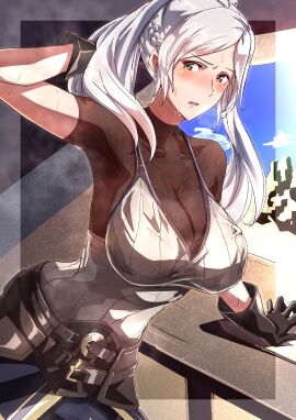1girls absurdres blush bodystocking breasts brown_eyes cleavage clenched_hand female female_only fire_emblem fire_emblem_awakening gloves grey_hair highres large_breasts long_hair looking_at_viewer musk nintendo open_mouth robin_(fire_emblem) robin_(fire_emblem)_(female) short_sleeves solo sweat sweat_stain to_(tototo_tk) twintails white_hair