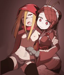 2girls antennae antennae_(anatomy) cum_from_navel drooling eyes_rolling_back insect_eyes insect_girl lesbian_domination lesbian_sex navel_fetish navel_fuck navel_penetration navel_sex nns_(sobchan) red_eyes red_hair sweat yellow_eyes yellow_hair yuri