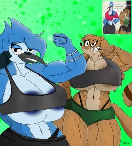 abs anthro areola areola_slip athletic athletic_wear avian big_breasts bird blue_jay bottomwear breasts cartoon_network clothing corvid crop_top dreamerknight duo feathers female female/female flexing flexing_bicep flexing_muscles gym_bottomwear gym_shorts hair jacked jay_(bird) leg_muscles looking_at_viewer m4n mammal mordecai_(regular_show) mordette_(benson_dancing) muscles muscular muscular_female muscular_thighs new_world_jay oscine panties passerine procyonid raccoon regular_show rigbette_(benson_dancing) rigby_(regular_show) rodent rule_63 sharp_teeth shirt shorts smile smiling_at_viewer tail tail_feathers teeth topwear underwear