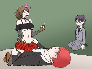 actualtrashhuman akabane_karma alexis_woodrider_(cosplay) aqua_eyes assassination_classroom bare_midriff bare_shoulders bell_collar belt black_topwear boots breasts brown_hair choker clothed_sex cowgirl_position crop_top crying cucked_by_friend cuckolding cuckquean female fingerless_gloves fishnet_legwear fishnet_stockings fishnets freckles gradient_hair groin hairbow humiliation implied_penetration implied_sex jealous jealousy lace-up_boots laughing long_hair middle_finger midriff miniskirt mocking navel nerdy_female netorare off-shoulder_shirt okuda_manami plaid_skirt pleasure_face pleated_skirt ponytail red_skirt revealing_clothes reverse_netorare scrunchie skimpy_clothes skinny_female skirt straight studded_belt tartan_skirt taunting underboob watching y2k yada_touka